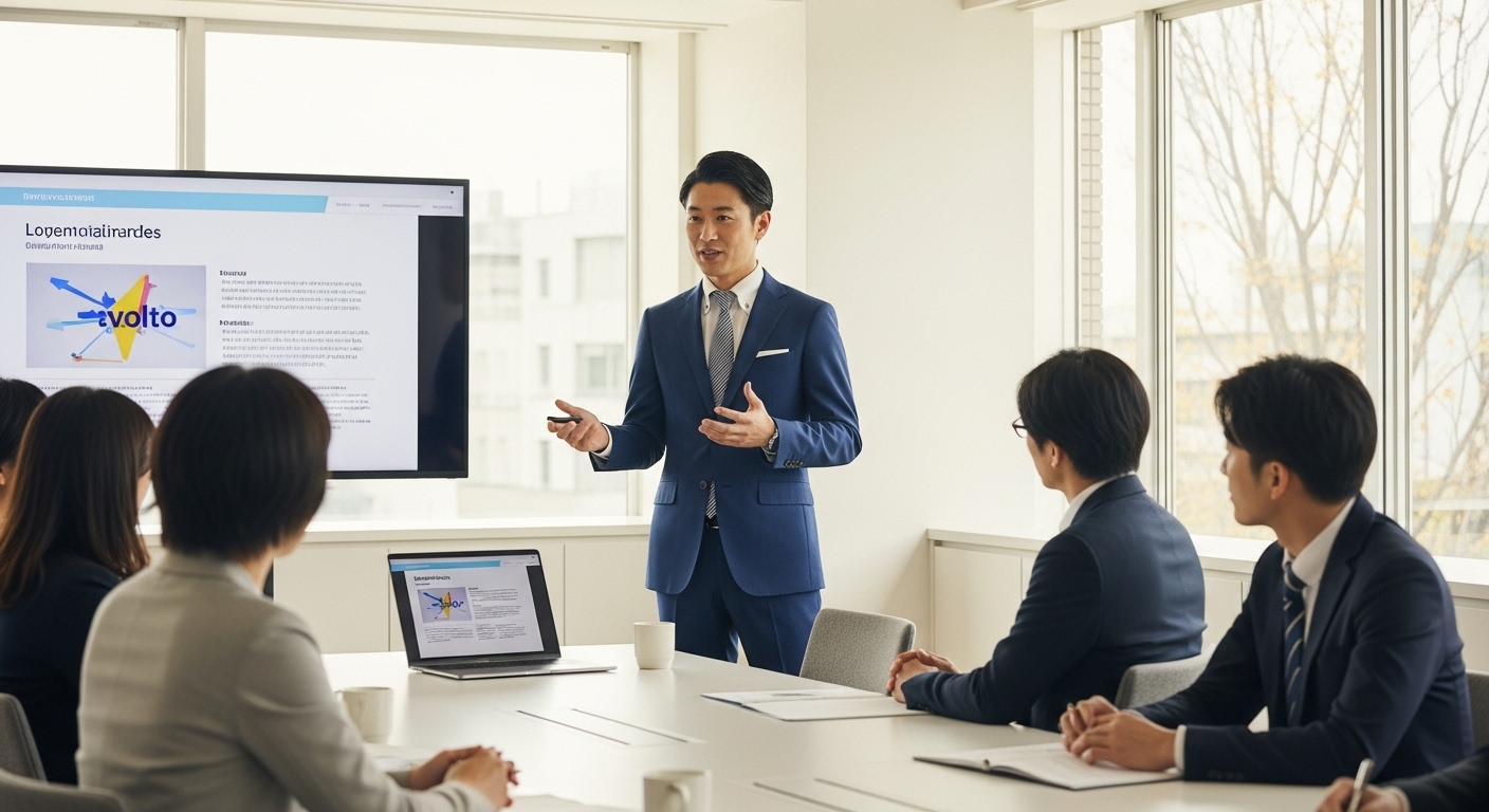 会議室でプレゼンテーションをする日本人ビジネスパーソンのイメージ