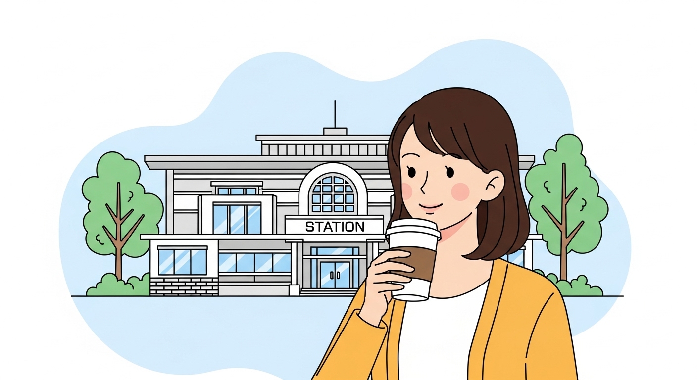 駅でコーヒーを飲む日本人女性