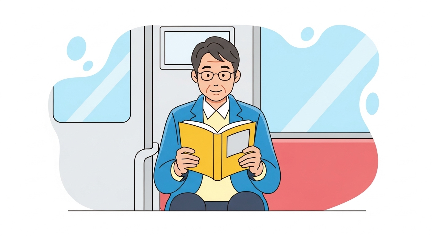 電車で読書する日本人中年男性のイメージ